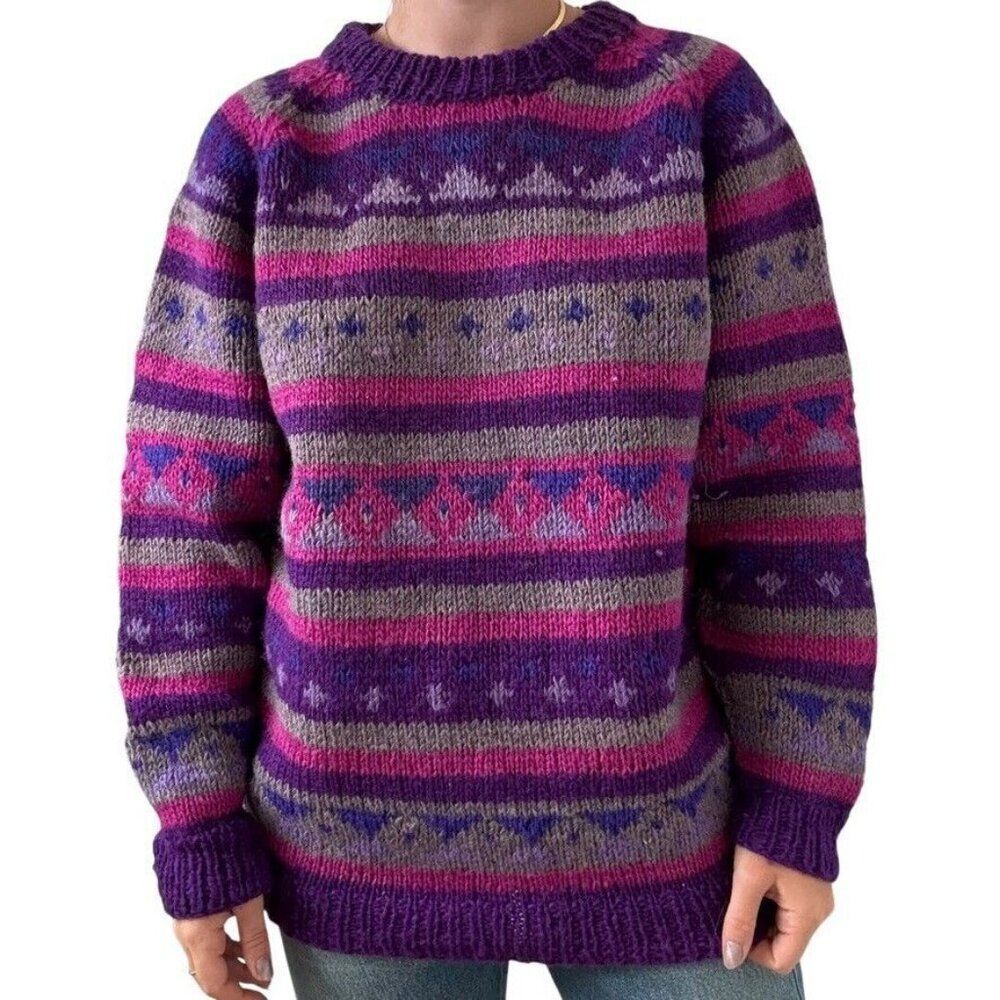 Vintage Womens Purple 100% Wool Hand Knit Oversized Sweater Made in Nepal Sz L